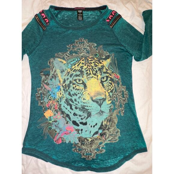 VINTAGE CUSTO BARCELONA TEAL LION TUNIC TOP - Picture 2 of 8